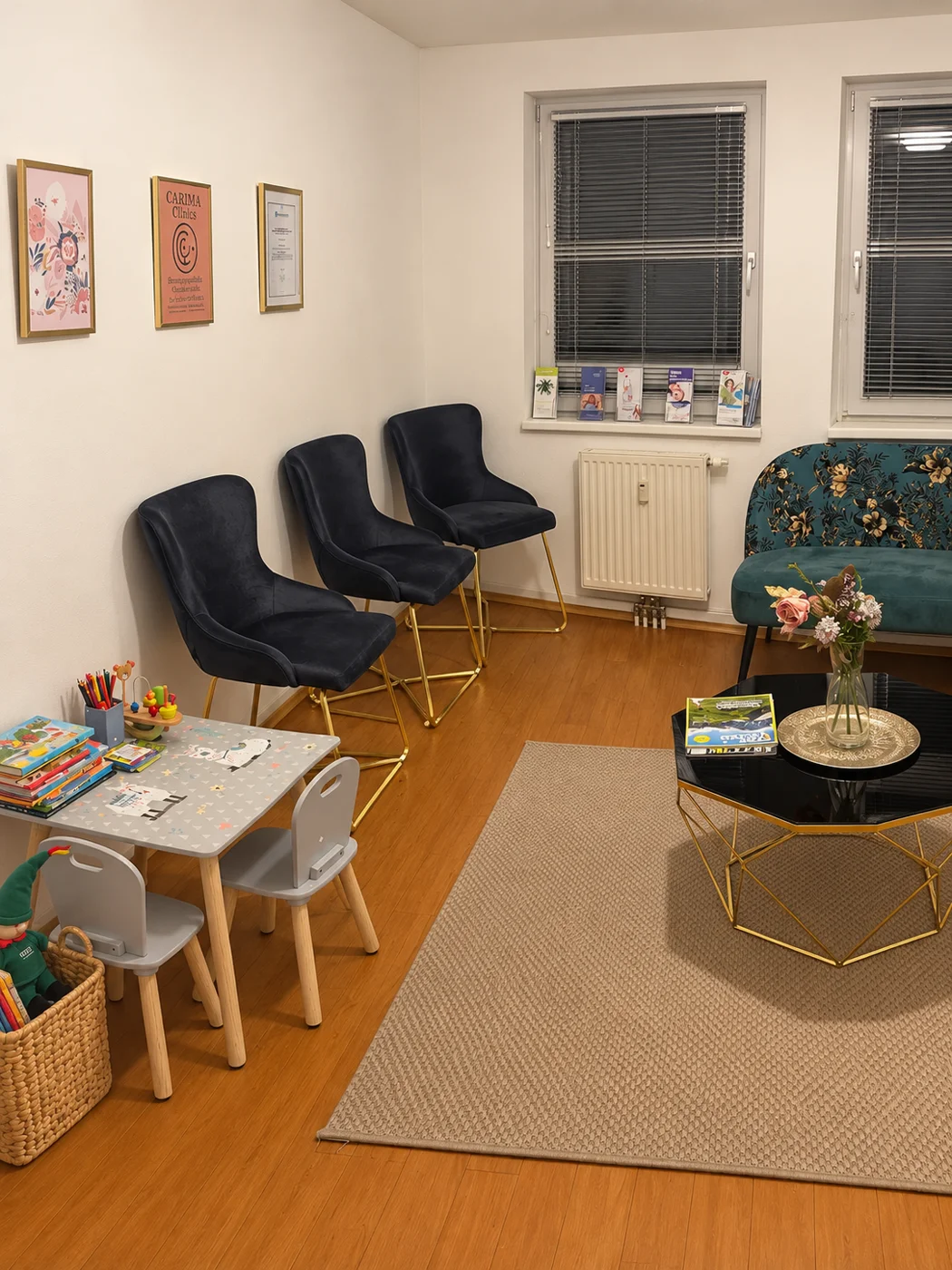 Wartebereich mit türkisfarbenem Sofa